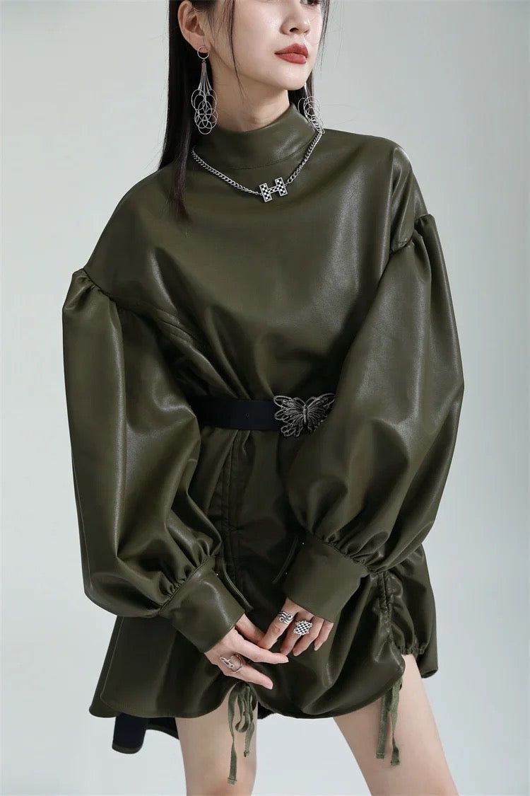 PU leather vintage drawstring dress