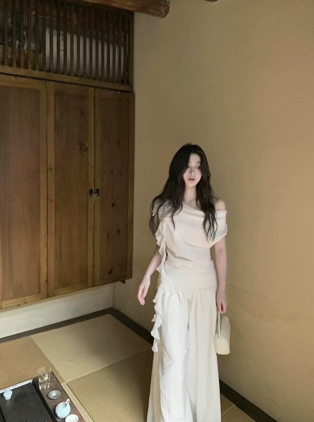 Solid color flower pants + top set