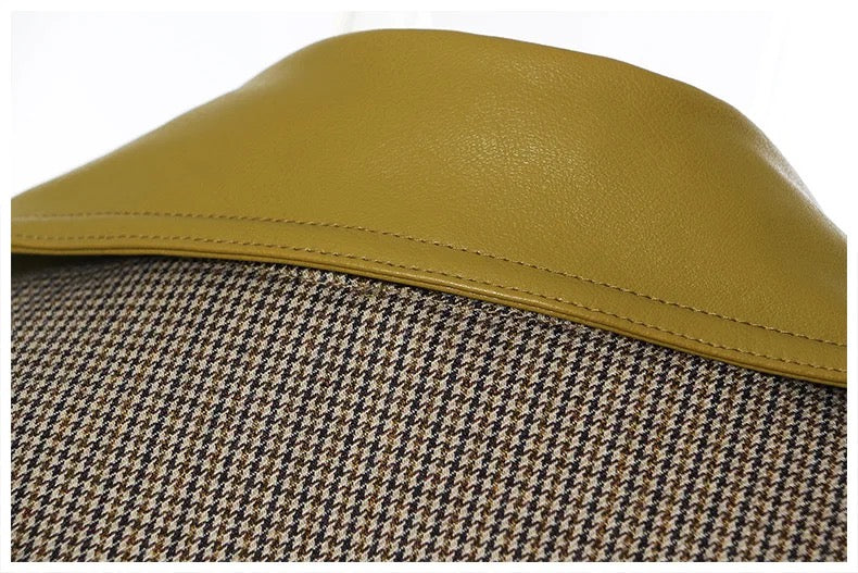 Patchwork fabric leather plaid coat