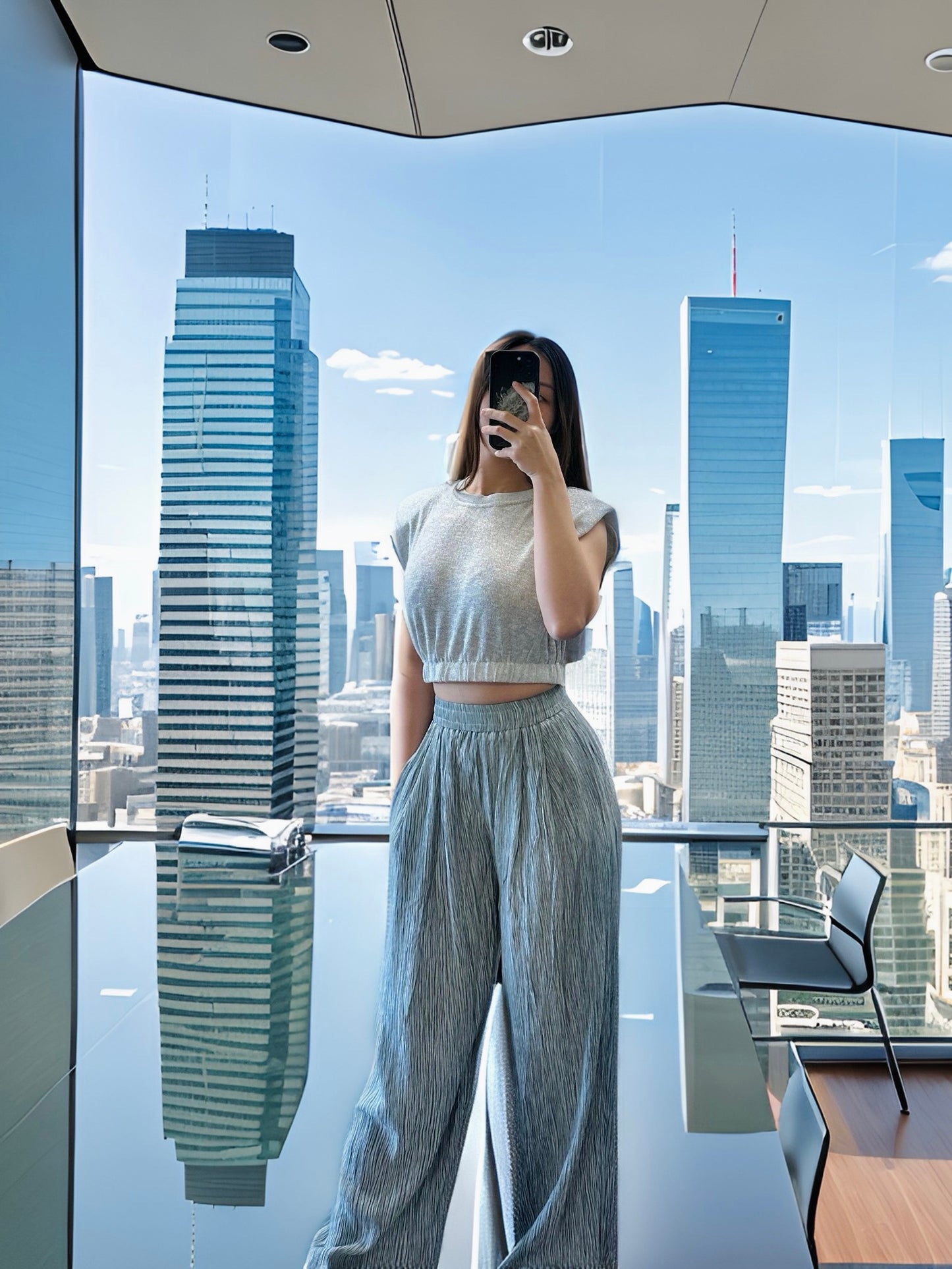 Vertical pleated straight-leg wide-leg pants