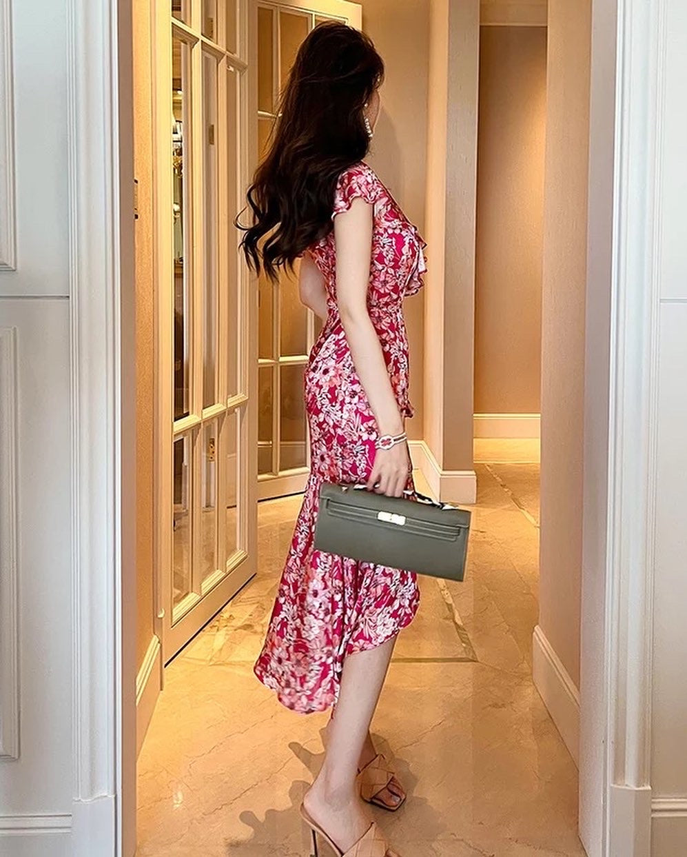 red floral frill dress