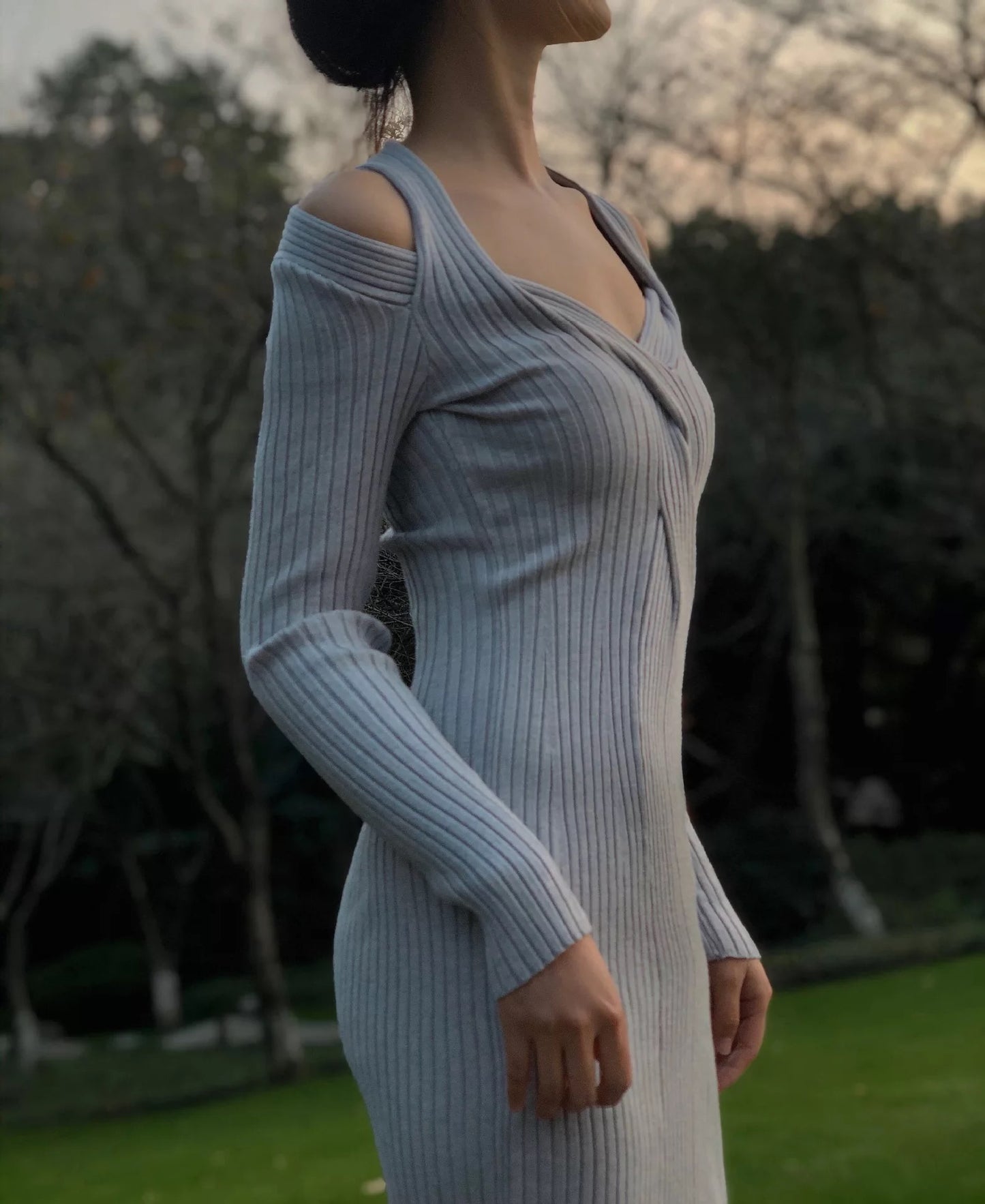 Slit V-neck knitted dress