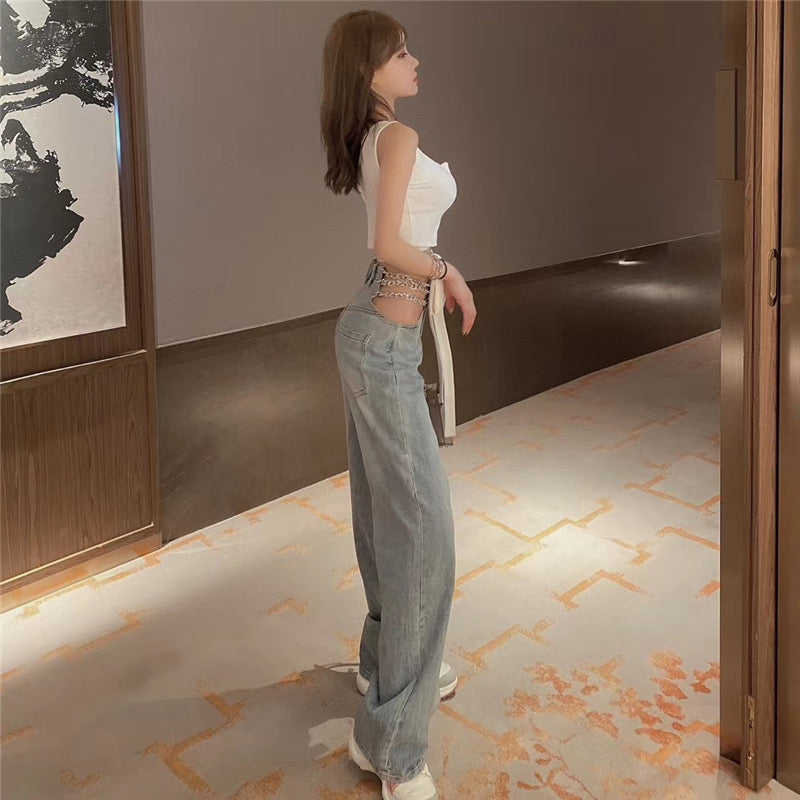 Side Waist Metal Chain Jeans