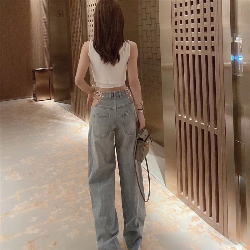 Side Waist Metal Chain Jeans
