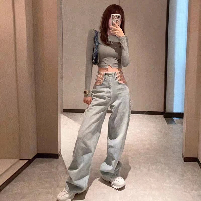 Side Waist Metal Chain Jeans