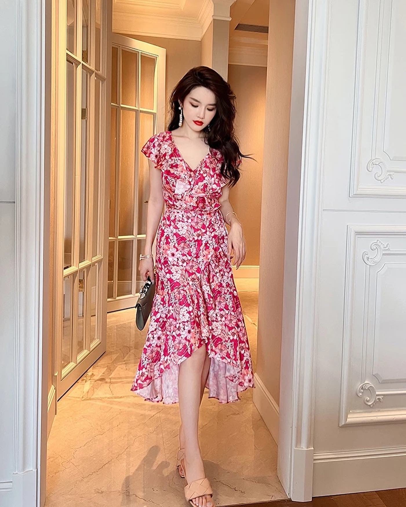 red floral frill dress