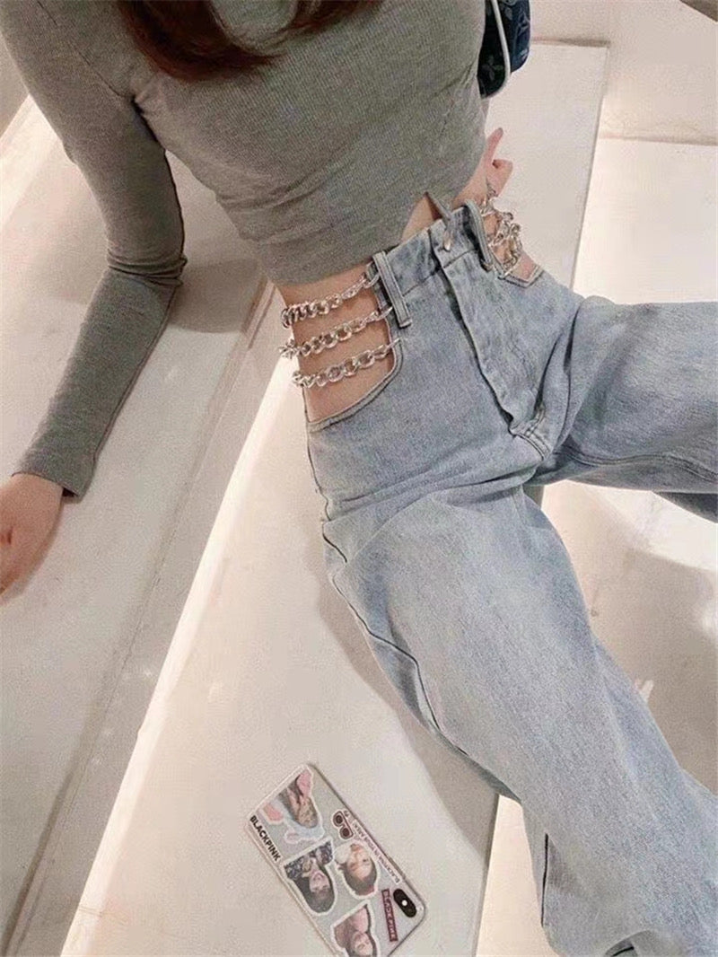 Side Waist Metal Chain Jeans