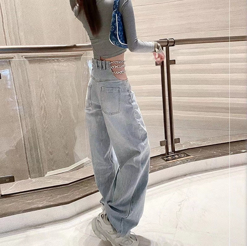 Side Waist Metal Chain Jeans