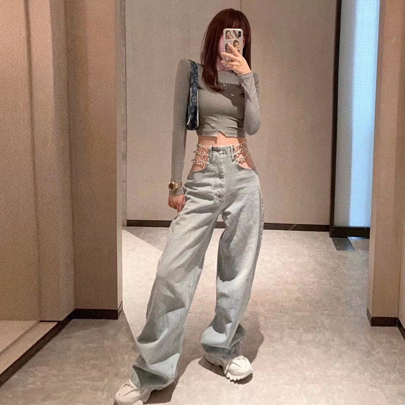 Side Waist Metal Chain Jeans