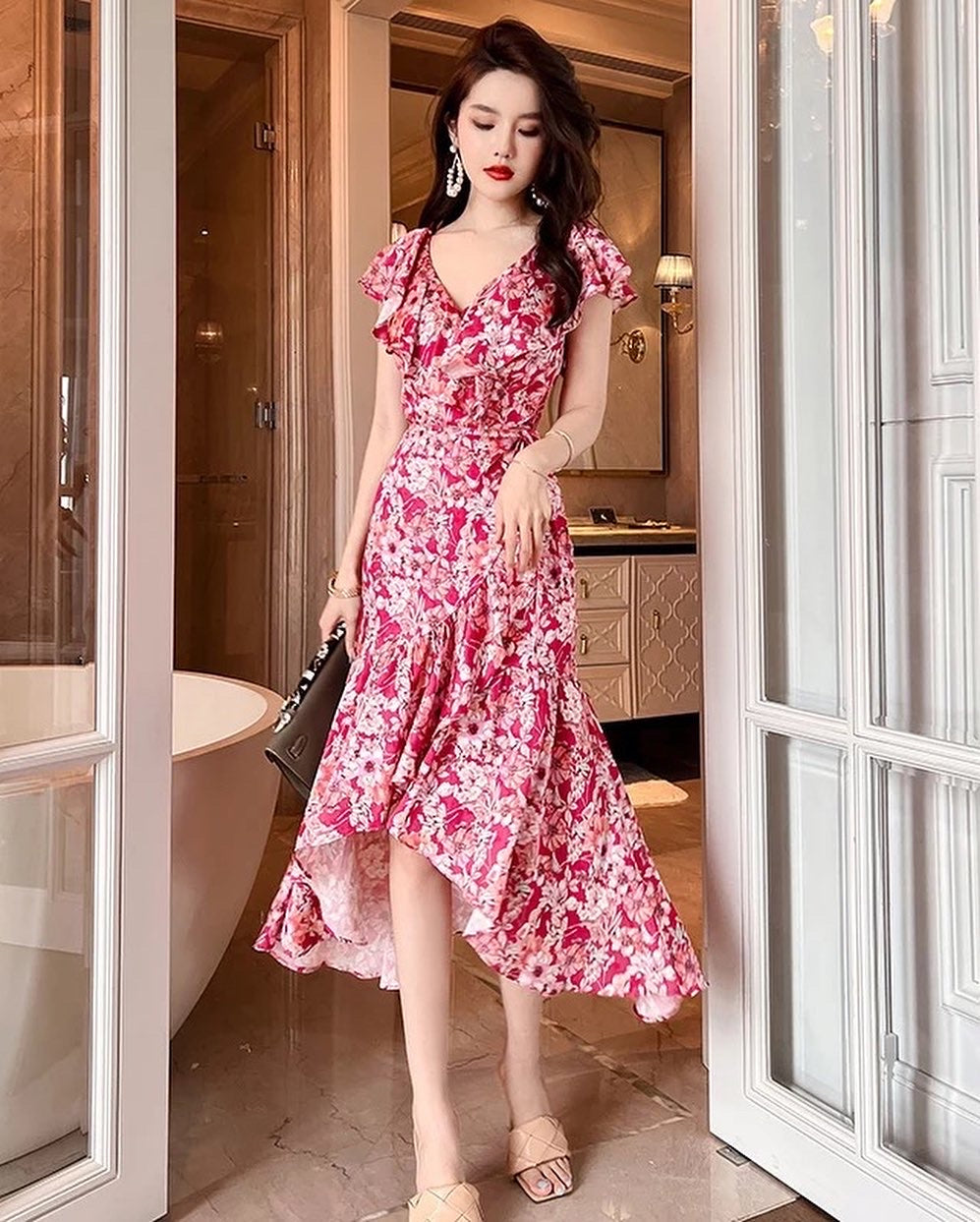 red floral frill dress