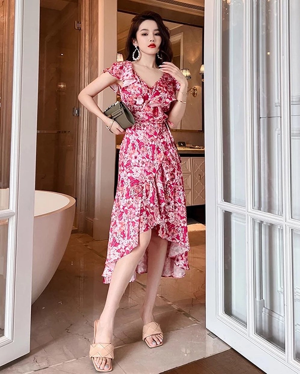 red floral frill dress