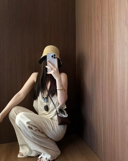Velvet Camisole + Natural-Color Lyocell-Linen Jeans