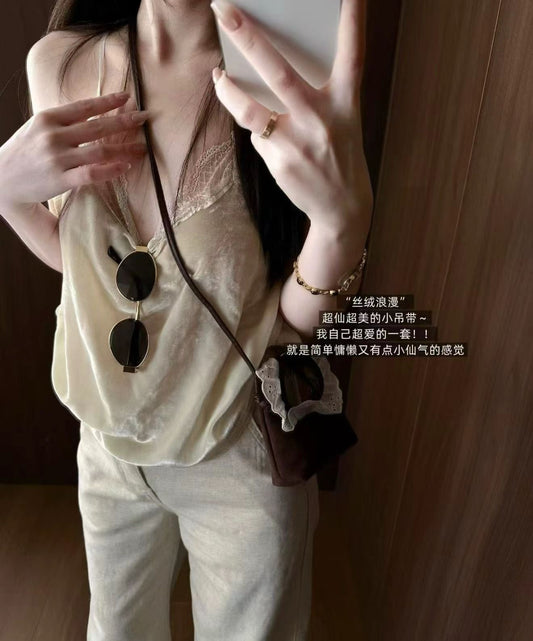 Velvet Camisole + Natural-Color Lyocell-Linen Jeans