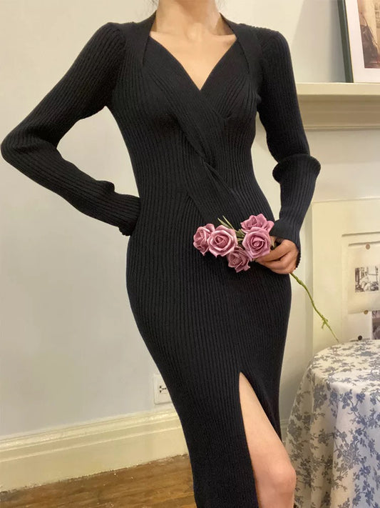 Slit V-neck knitted dress