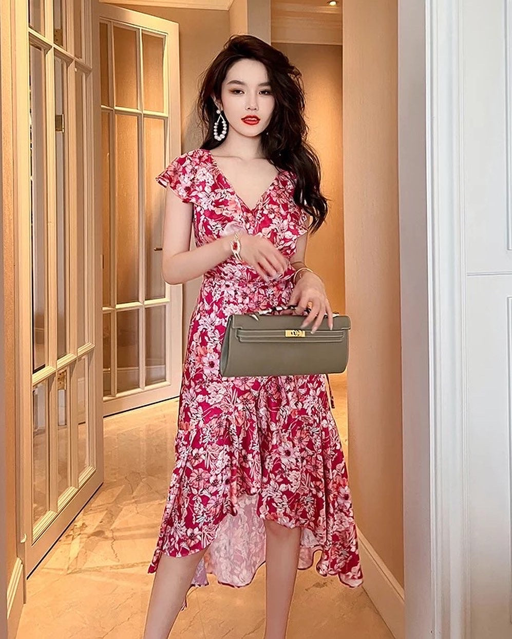 red floral frill dress