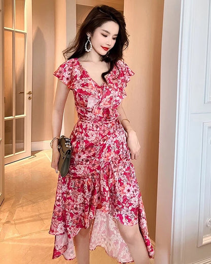 red floral frill dress
