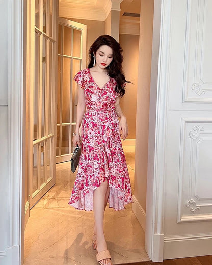 red floral frill dress